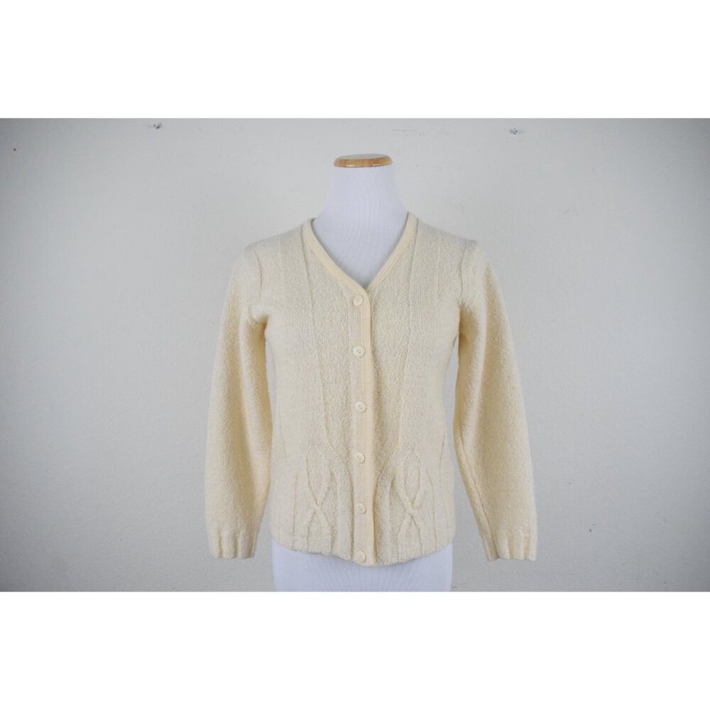 Vintage Cropped Cream Cardigan |‎ 80's acrylic-wool cable knit sweater - Picture 9 of 10